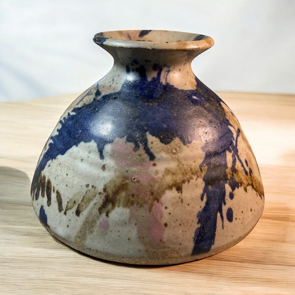 Vintage Studio Art Pottery Sake Bottle Vase Oil Lamp Blue Brown Glaze Handmade